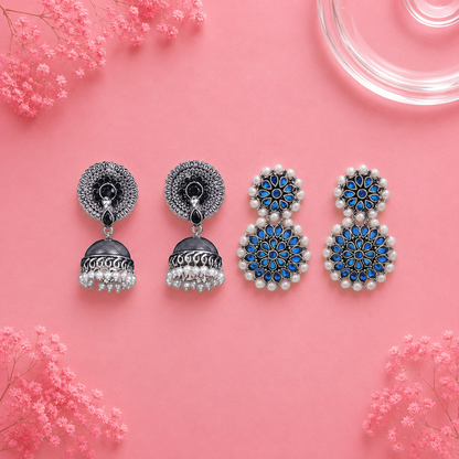 Evergreen earrings (Black) Double boho floral dangler earring (Blue) Combo set