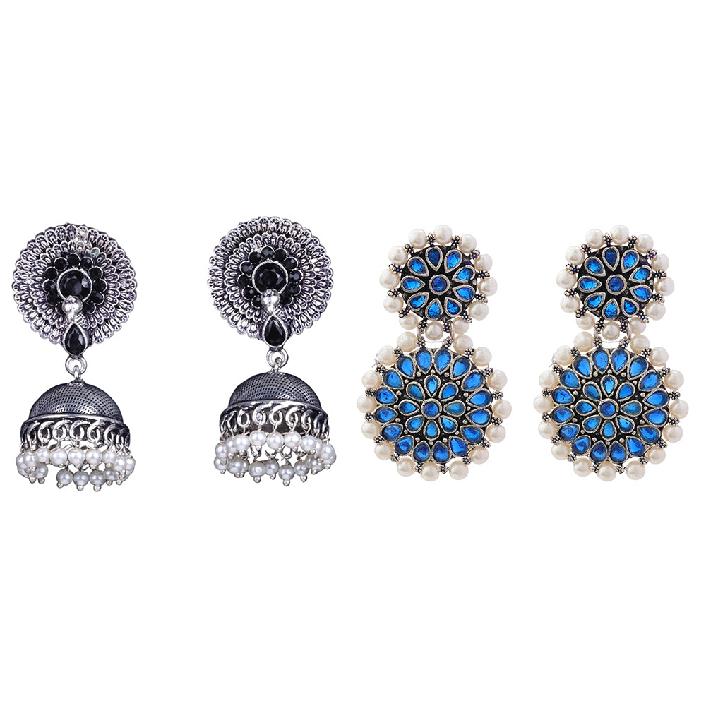 Evergreen earrings (Black) Double boho floral dangler earring (Blue) Combo set