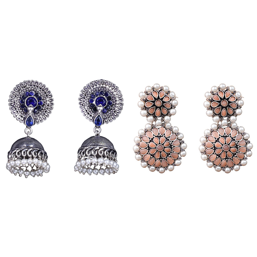 Evergreen earrings (Blue) Double boho floral dangler earring (Light Orange) Combo set