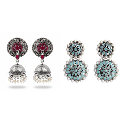 Evergreen earrings (Red) Double boho floral dangler earring (Mint) Combo set