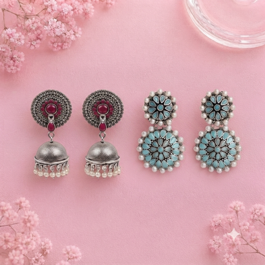 Evergreen earrings (Red) Double boho floral dangler earring (Mint) Combo set