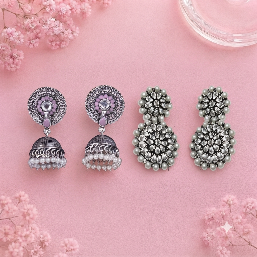 Evergreen earrings (Baby Pink) Double boho floral dangler earring (White) Combo set