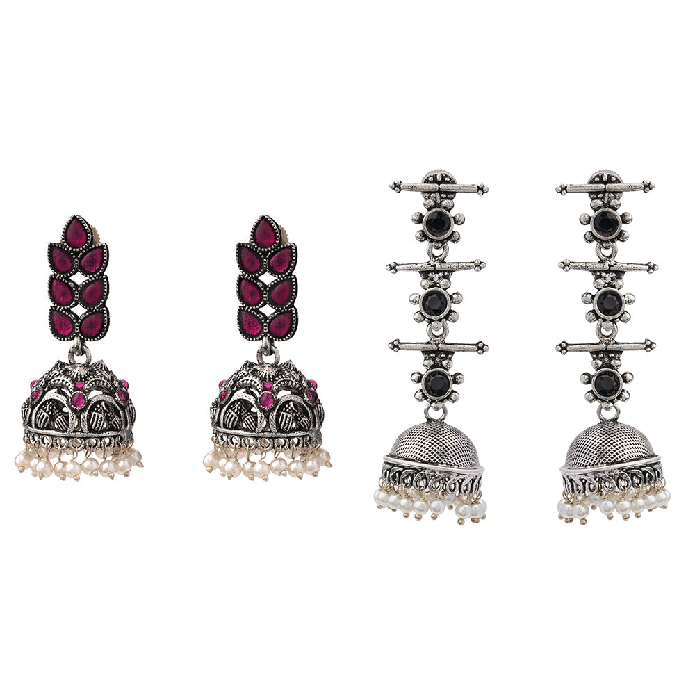 Leaf Cascade jhumki earrings (Red) Royal Triple Bell Layered Jhumka Earring (Black) Combo set