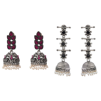 Leaf Cascade jhumki earrings (Red) Royal Triple Bell Layered Jhumka Earring (Black) Combo set