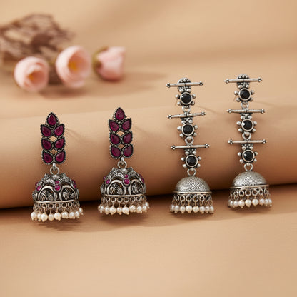 Leaf Cascade jhumki earrings (Red) Royal Triple Bell Layered Jhumka Earring (Black) Combo set