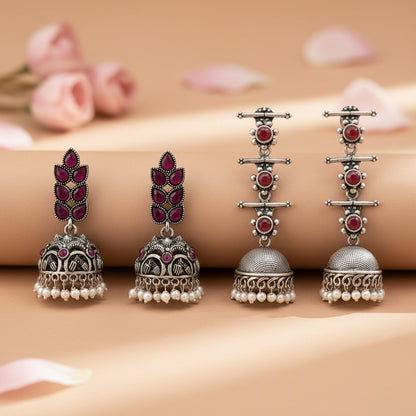 Leaf Cascade jhumki earrings (Red) Royal Triple Bell Layered Jhumka Earring (Dark Maroon) Combo set