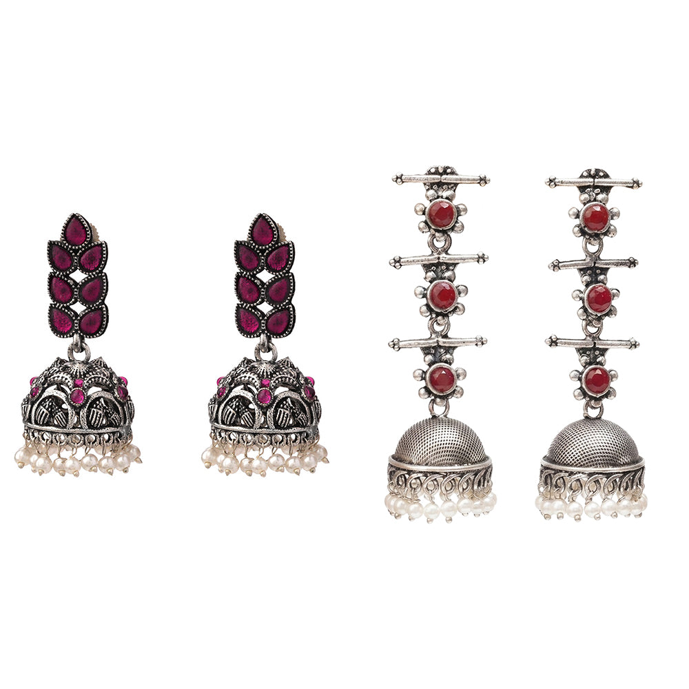 Leaf Cascade jhumki earrings (Red) Royal Triple Bell Layered Jhumka Earring (Dark Maroon) Combo set