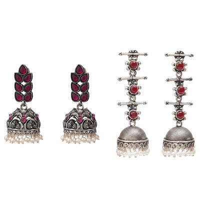 Leaf Cascade jhumki earrings (Red) Royal Triple Bell Layered Jhumka Earring (Dark Maroon) Combo set