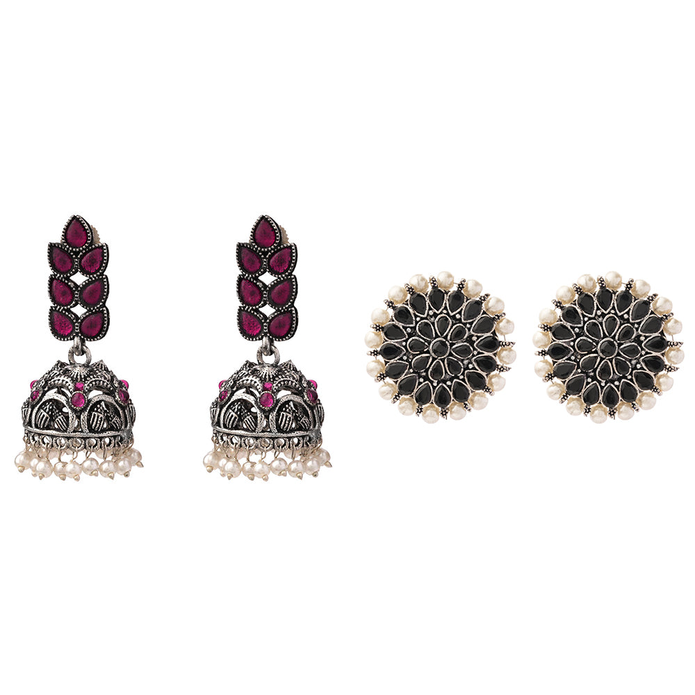 Leaf Cascade jhumki earrings (Red) Desi Diva stud earring (Black) Combo set