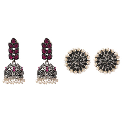 Leaf Cascade jhumki earrings (Red) Desi Diva stud earring (Black) Combo set