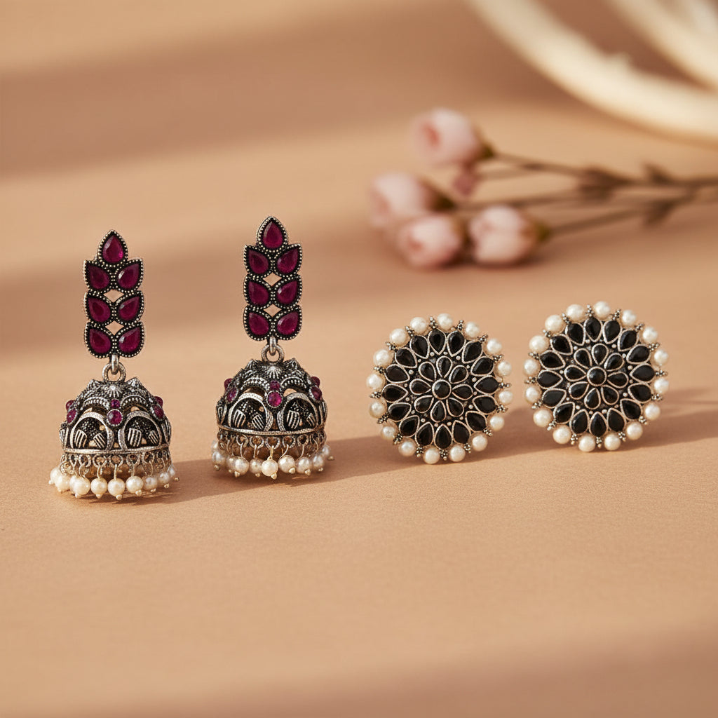 Leaf Cascade jhumki earrings (Red) Desi Diva stud earring (Black) Combo set