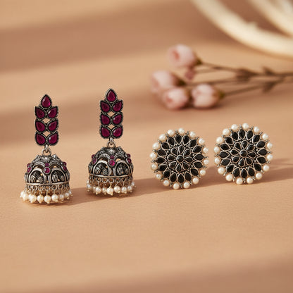 Leaf Cascade jhumki earrings (Red) Desi Diva stud earring (Black) Combo set
