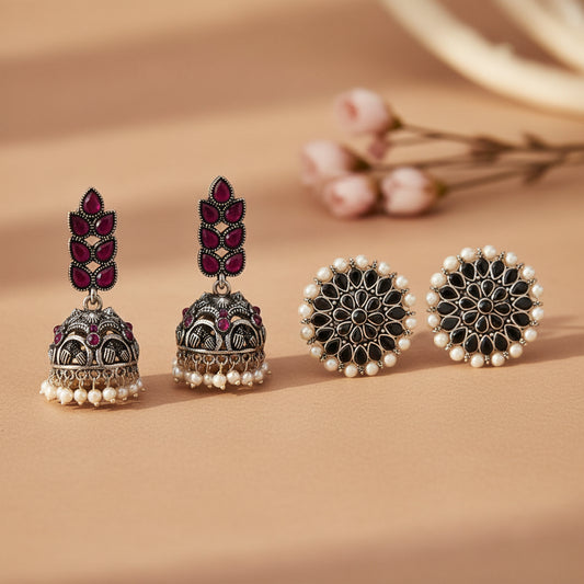 Leaf Cascade jhumki earrings (Red) Desi Diva stud earring (Black) Combo set