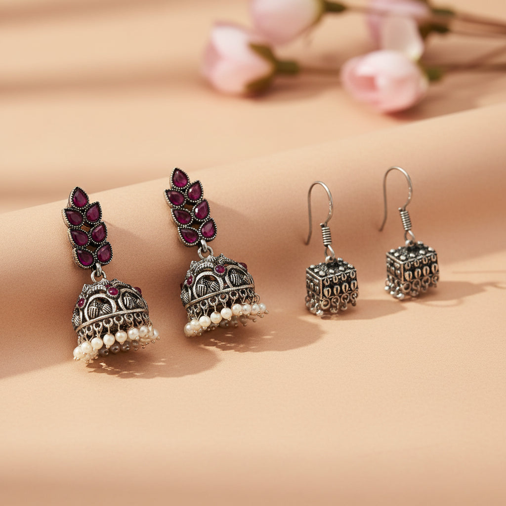 Leaf Cascade jhumki earrings (Red) Tiny Twinkle jhumki earring (Silver) Combo set