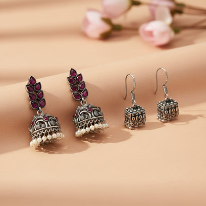 Leaf Cascade jhumki earrings (Red) Tiny Twinkle jhumki earring (Silver) Combo set