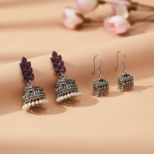 Leaf Cascade jhumki earrings (Red) Tiny Twinkle jhumki earring (Silver) Combo set