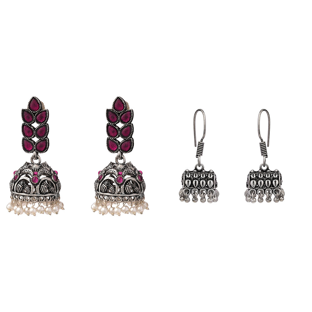 Leaf Cascade jhumki earrings (Red) Tiny Twinkle jhumki earring (Silver) Combo set