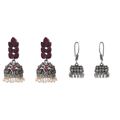 Leaf Cascade jhumki earrings (Red) Tiny Twinkle jhumki earring (Silver) Combo set