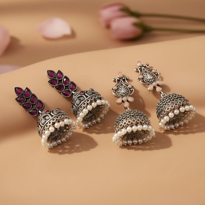 Leaf Cascade jhumki earrings (Red) Kalash Kamal earring (Light Orange) Combo set