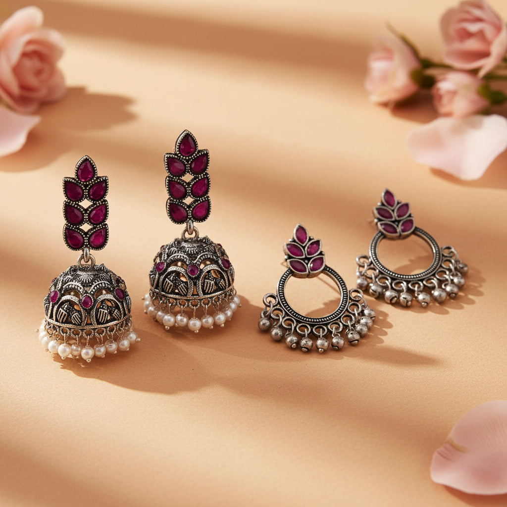 Leaf Cascade jhumki earrings (Red) Fine Shine stud earrings (Red) Combo set