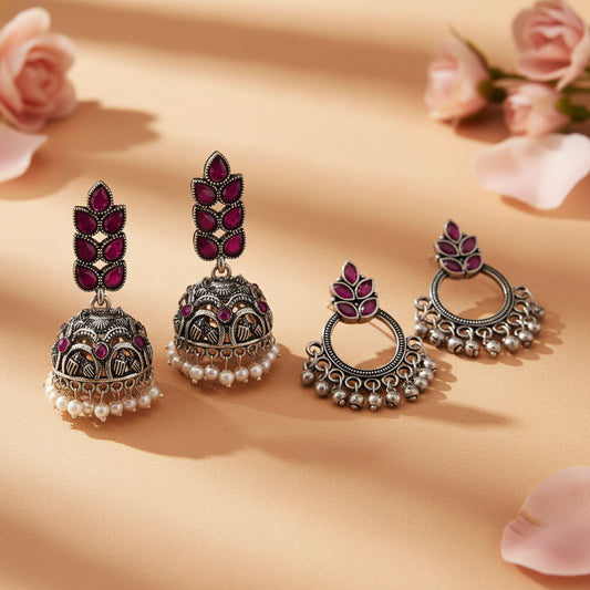 Leaf Cascade jhumki earrings (Red) Fine Shine stud earrings (Red) Combo set