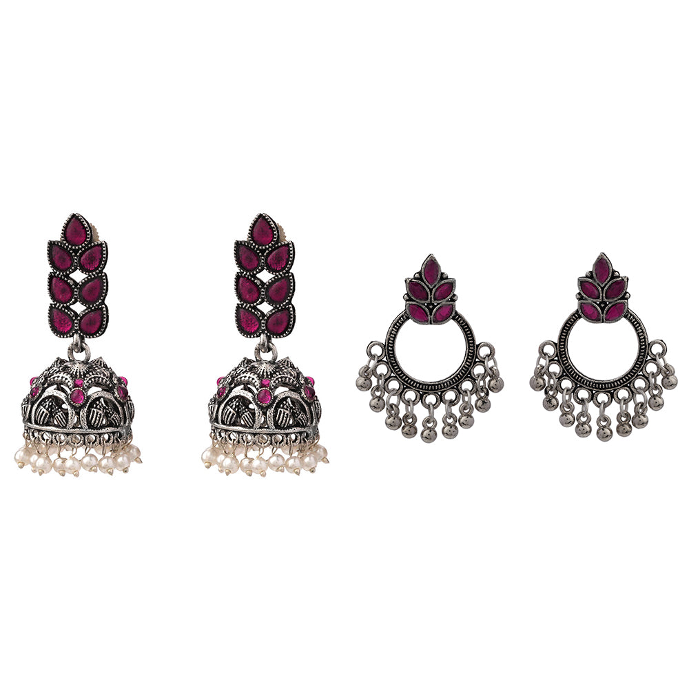 Leaf Cascade jhumki earrings (Red) Fine Shine stud earrings (Red) Combo set