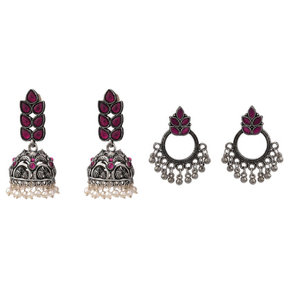 Leaf Cascade jhumki earrings (Red) Fine Shine stud earrings (Red) Combo set
