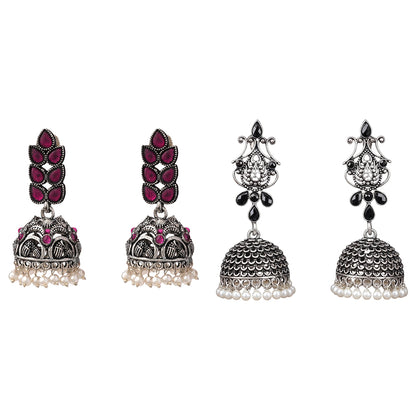 Leaf Cascade jhumki earrings (Red) Kalash Kamal earring (Black) Combo set