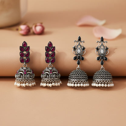 Leaf Cascade jhumki earrings (Red) Kalash Kamal earring (Black) Combo set