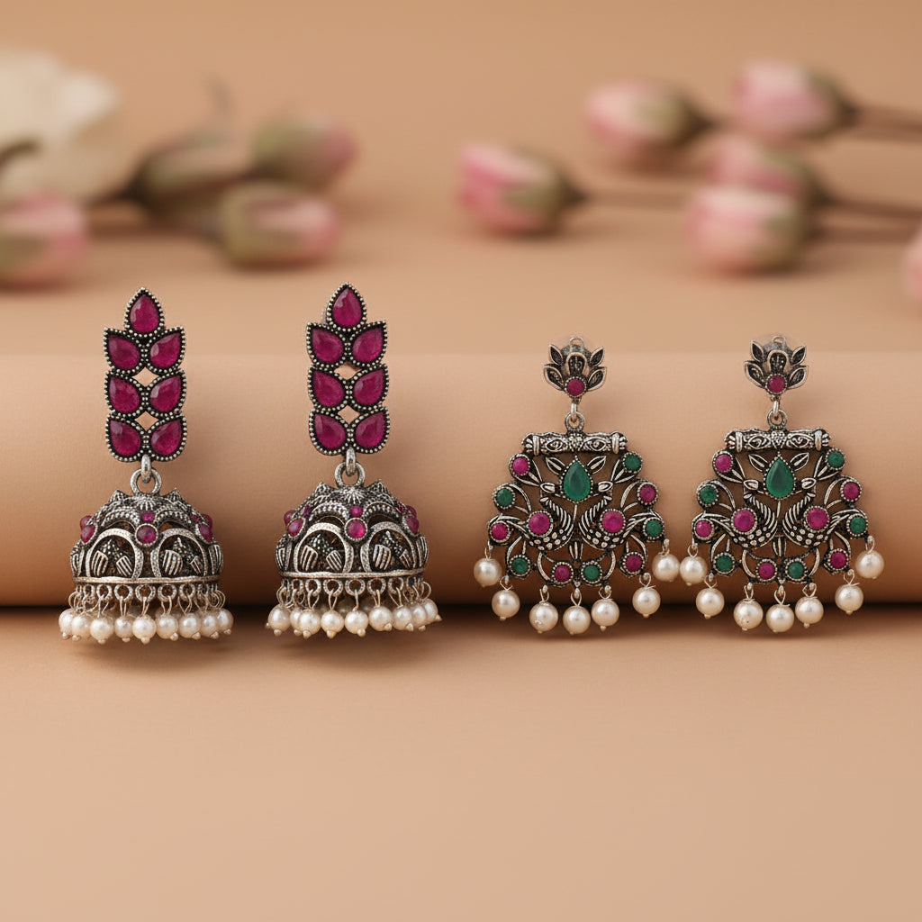 Leaf Cascade jhumki earrings (Red) Peacock glow stone studded dangler earrings (Multicolored) Combo set