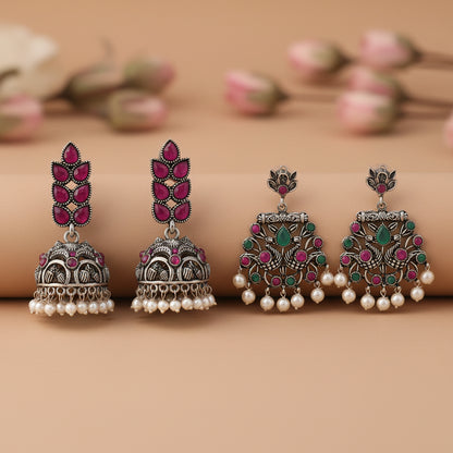 Leaf Cascade jhumki earrings (Red) Peacock glow stone studded dangler earrings (Multicolored) Combo set