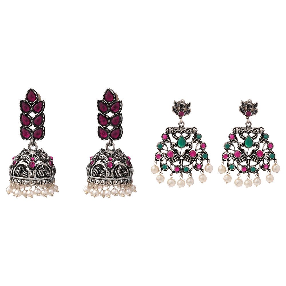 Leaf Cascade jhumki earrings (Red) Peacock glow stone studded dangler earrings (Multicolored) Combo set