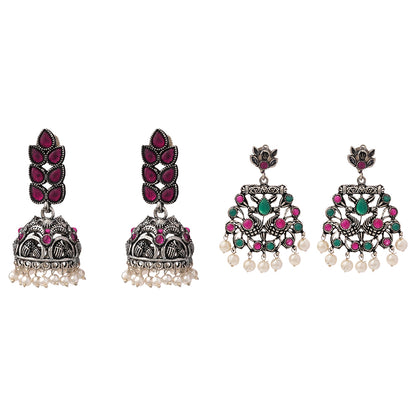 Leaf Cascade jhumki earrings (Red) Peacock glow stone studded dangler earrings (Multicolored) Combo set