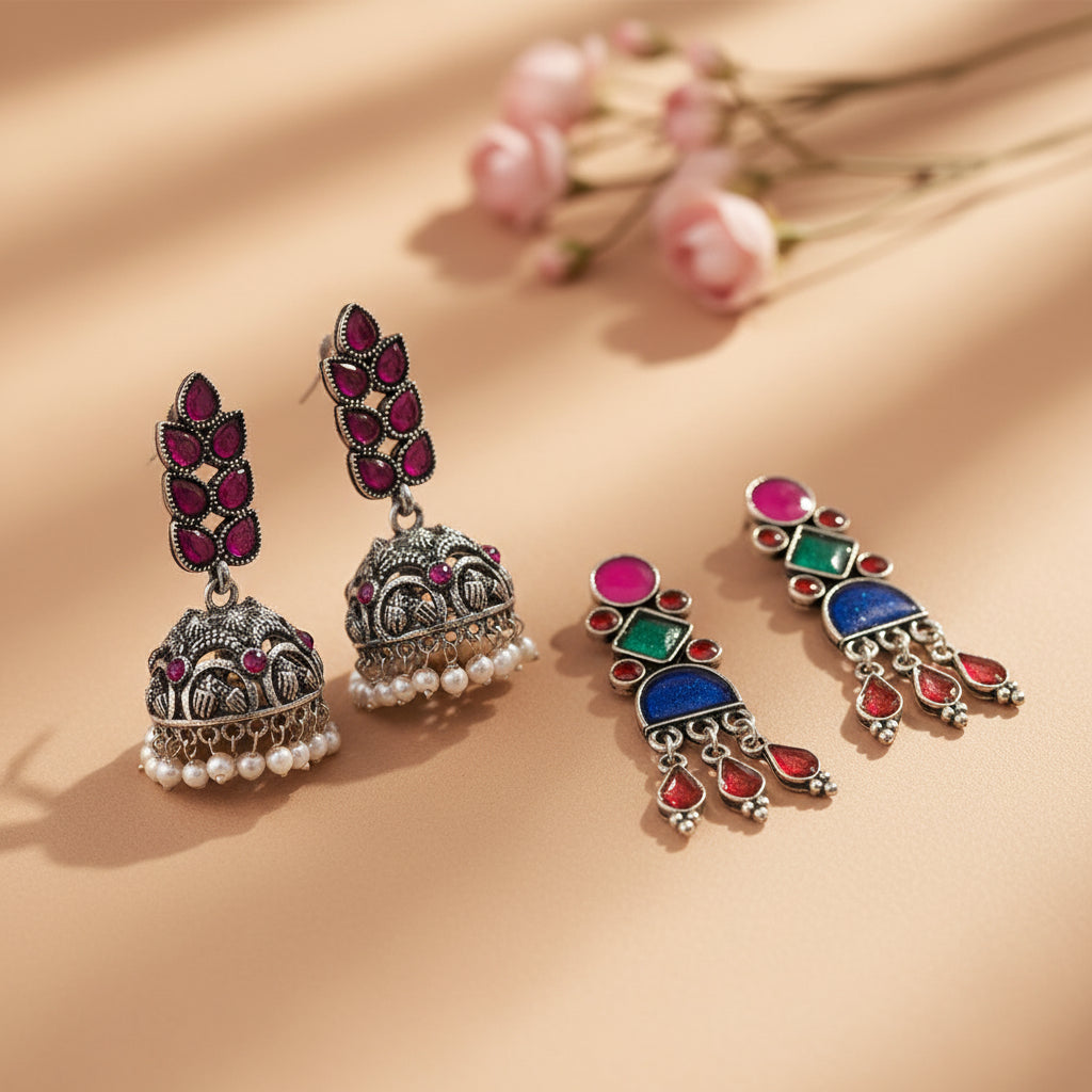 Leaf Cascade jhumki earrings (Red) Rainbow rhine dangler earrings (Multicolored) Combo set