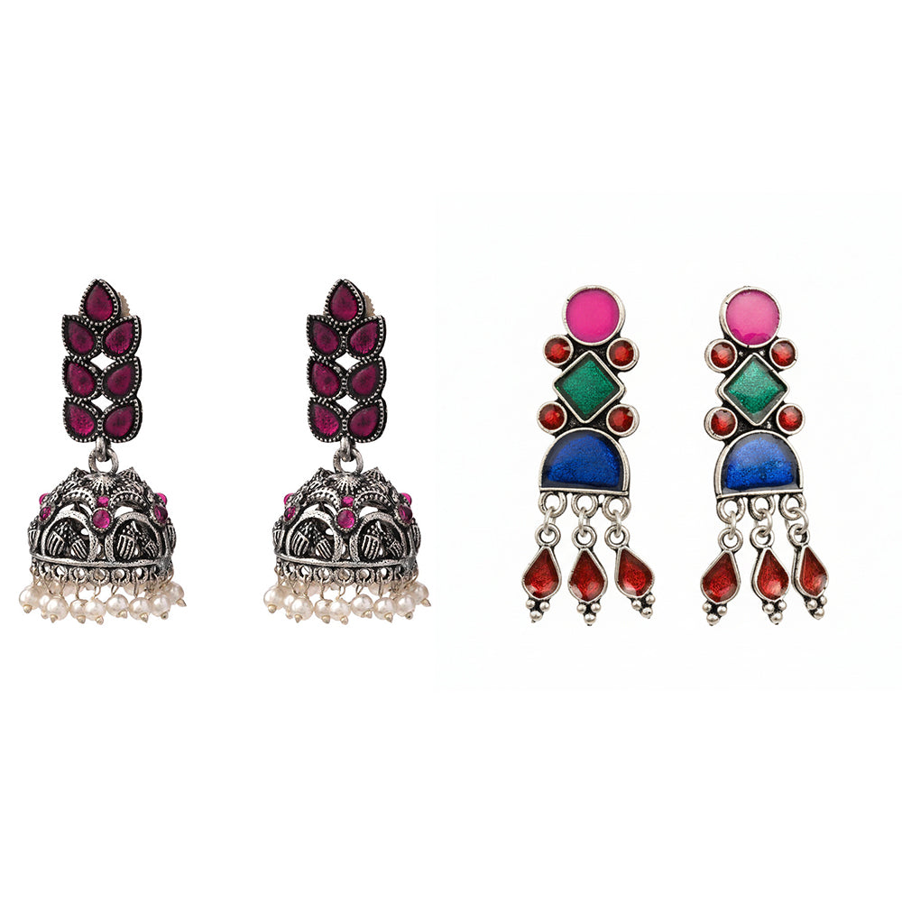 Leaf Cascade jhumki earrings (Red) Rainbow rhine dangler earrings (Multicolored) Combo set