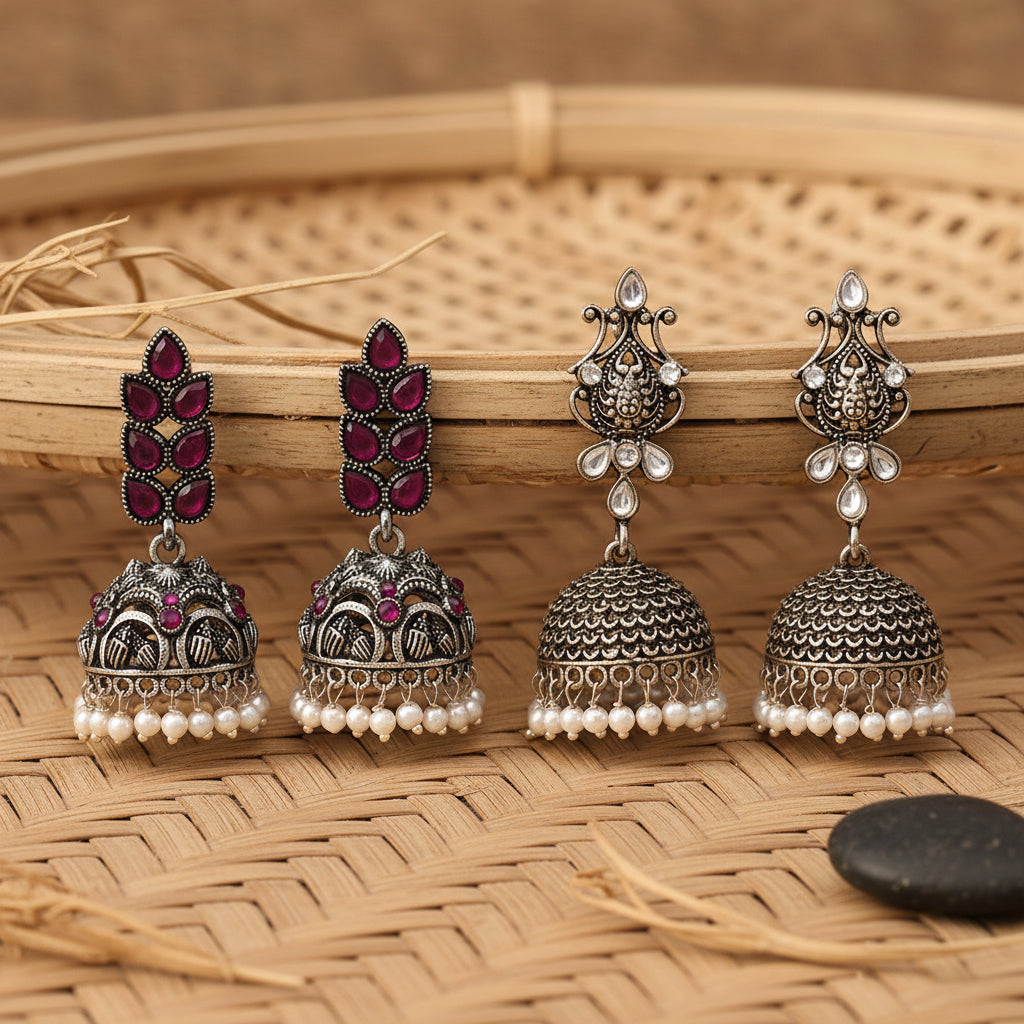 Leaf Cascade jhumki earrings (Red) Kalash Kamal earring (White) Combo set
