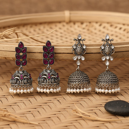 Leaf Cascade jhumki earrings (Red) Kalash Kamal earring (White) Combo set