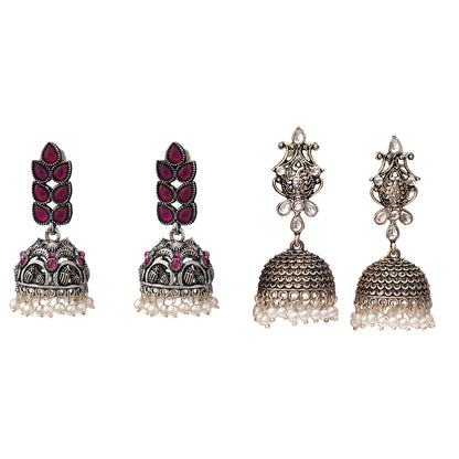 Leaf Cascade jhumki earrings (Red) Kalash Kamal earring (White) Combo set