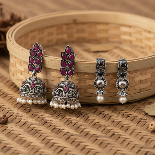 Leaf Cascade jhumki earrings (Red) Wonderful wildflower oxidised stud earrings (Black) Combo set