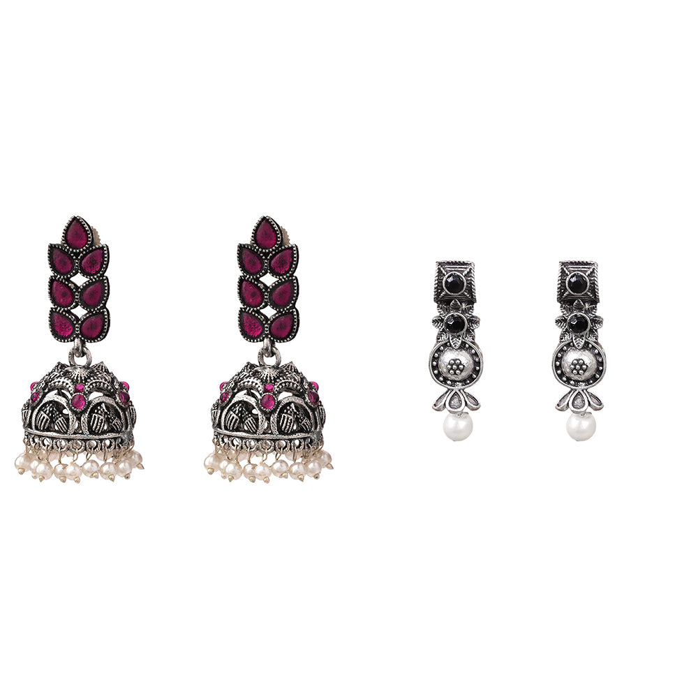 Leaf Cascade jhumki earrings (Red) Wonderful wildflower oxidised stud earrings (Black) Combo set