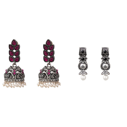 Leaf Cascade jhumki earrings (Red) Wonderful wildflower oxidised stud earrings (Black) Combo set