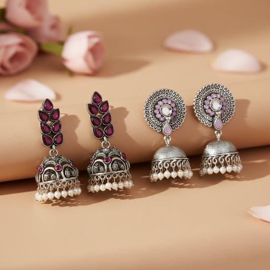 Leaf Cascade jhumki earrings (Red) Evergreen earrings (Baby Pink) Combo set
