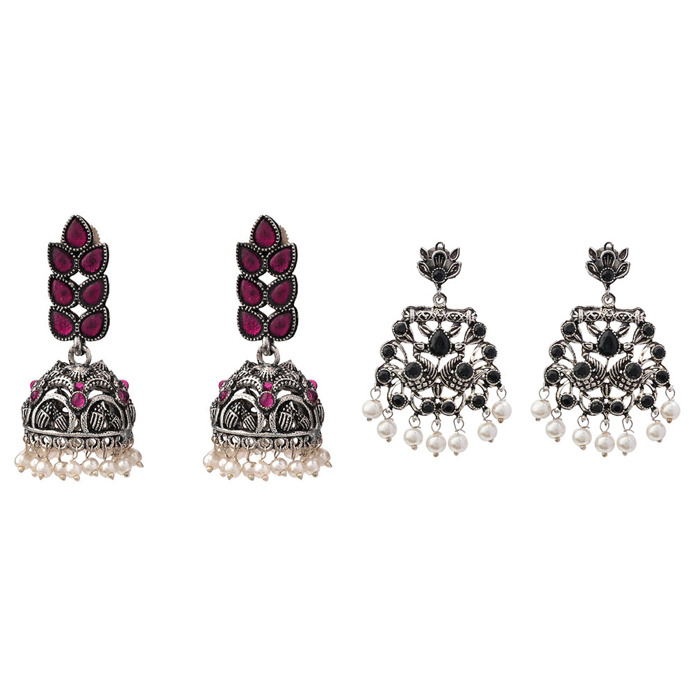 Leaf Cascade jhumki earrings (Red) Peacock glow stone studded dangler earrings (Black) Combo set