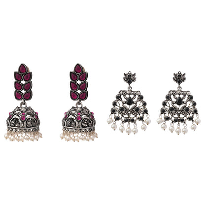 Leaf Cascade jhumki earrings (Red) Peacock glow stone studded dangler earrings (Black) Combo set
