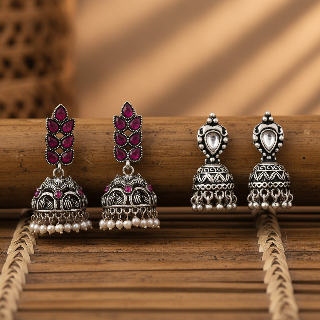 Leaf Cascade jhumki earrings (Red) Jharokha stone studded jhumki earring (White) Combo set