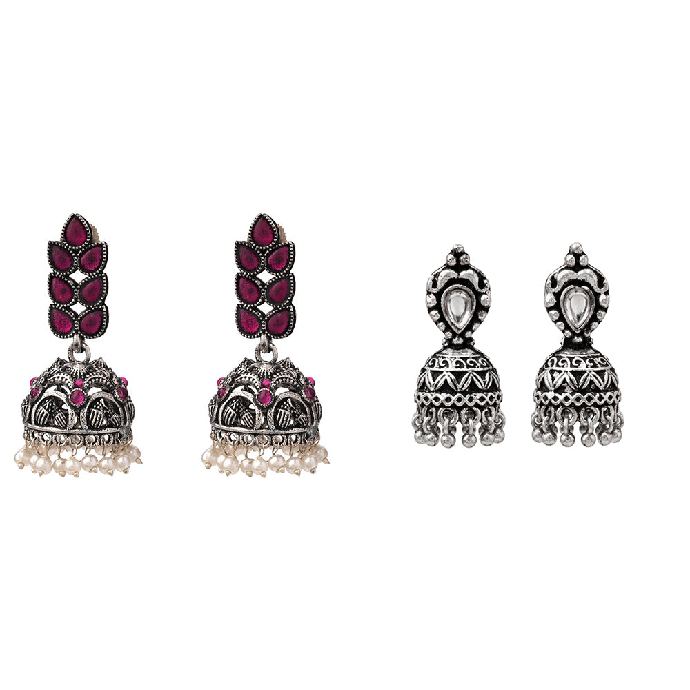 Leaf Cascade jhumki earrings (Red) Jharokha stone studded jhumki earring (White) Combo set