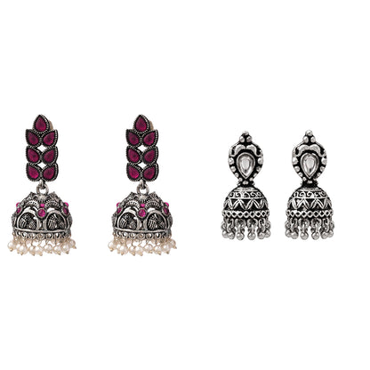 Leaf Cascade jhumki earrings (Red) Jharokha stone studded jhumki earring (White) Combo set