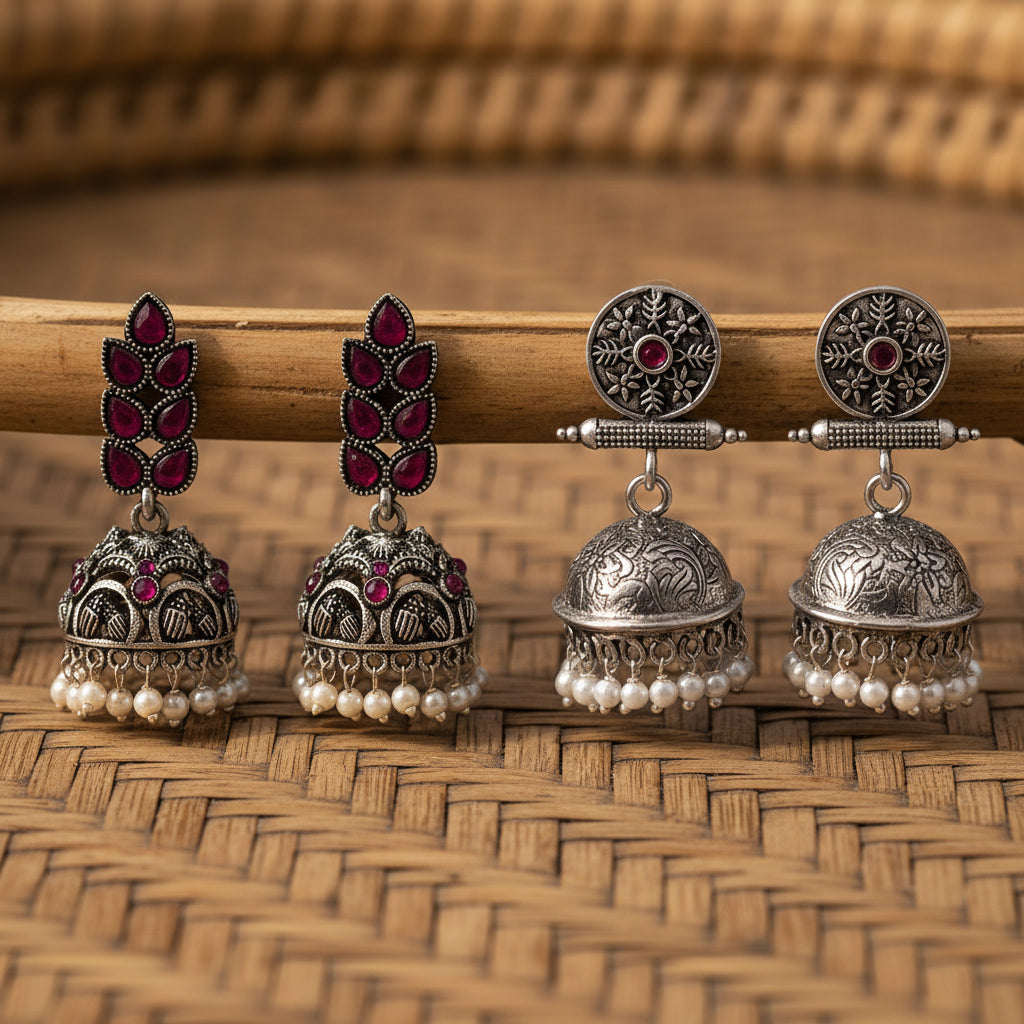 Leaf Cascade jhumki earrings (Red) Charmbell earrings (Red) Combo set