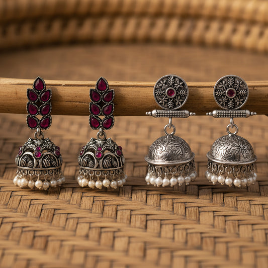 Leaf Cascade jhumki earrings (Red) Charmbell earrings (Red) Combo set