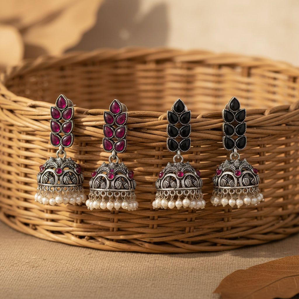Leaf Cascade jhumki earrings (Red) Leaf Cascade jhumki earrings (Black) Combo set